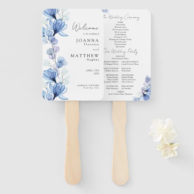 Abanico Dusty Blue Transparparent Floral Wedding Program (Anverso y reverso)
