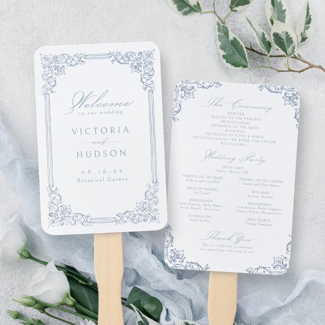 Abanico Dusty Blue Vintage Frame Elegant Wedding Program (Dusty Blue Vintage Frame Elegant Wedding Program Hand Fan)