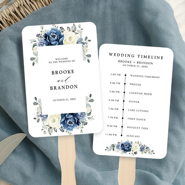 Abanico Dusty Marina Azul Champagne boda de Marfil Cronolo (Dusty Blue Navy Champagne Ivory wedding Timeline Hand Fan)