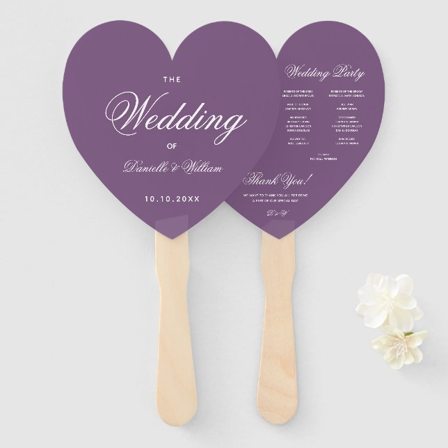 Abanico Dusty Purple Wedding Program Simple Heart Script (Anverso y reverso)