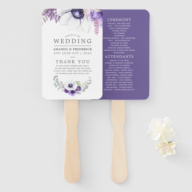 Abanico Dusty Violet Boda Watercolor Floral (Anverso y reverso)