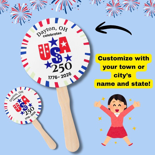 Abanico EE. UU. 250 Personalizado Pueblo Estado Patriótico (Celebrate USA's 250th birthday on July 4th with these patriotic custom town/state name hand fans!)