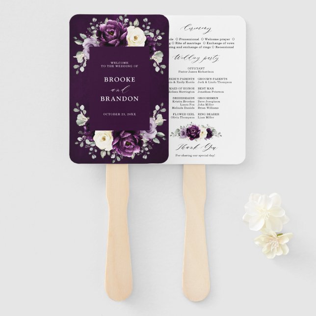 Abanico Eggplant Purple Plum Marfil Programa de Boda Blanc (Anverso y reverso)