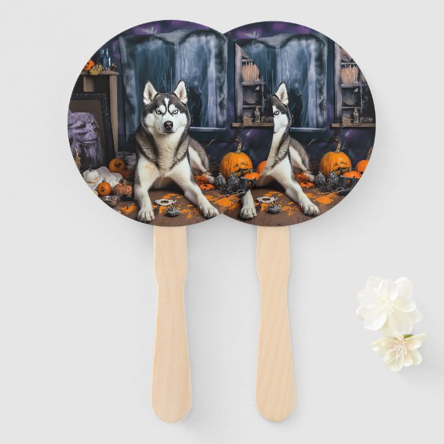 Abanico El Husky Siberiano Calabaza Halloween Scary (Anverso y reverso)