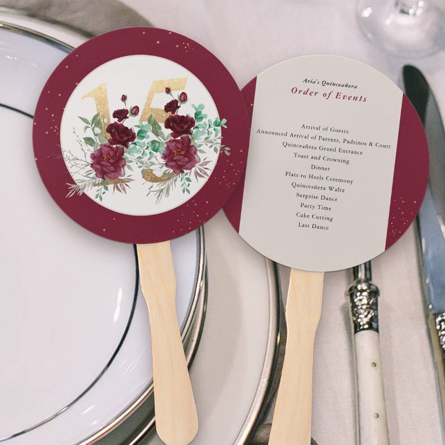 Abanico El rojo borgoñés Roza Quinceanera Orden de los Aco (Quinceanera Program Hand Fans with Order of Events and Gold number 15 and floral arrangement)