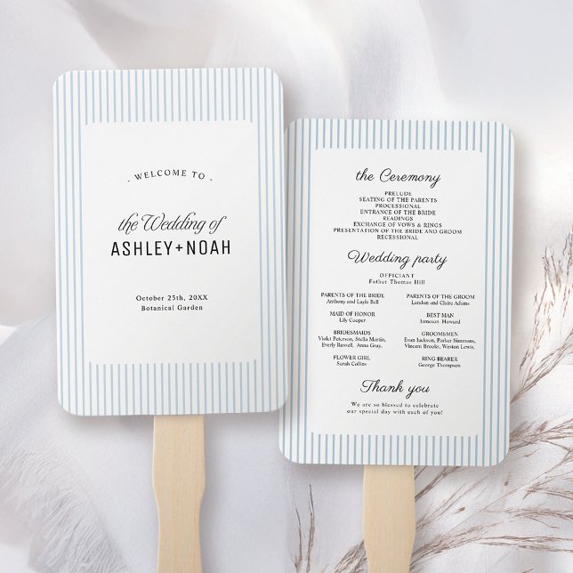 Abanico Elegancia a rayas azul polvoriento Programa de bod (Dusty Blue Striped Elegance Classy Wedding Program Hand Fan)