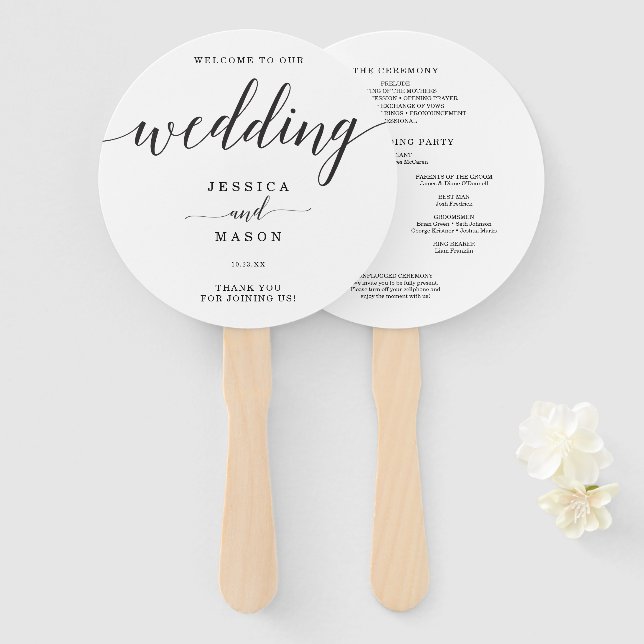 Abanico Elegancia mínima Boda simple negro y blanco (Anverso y reverso)