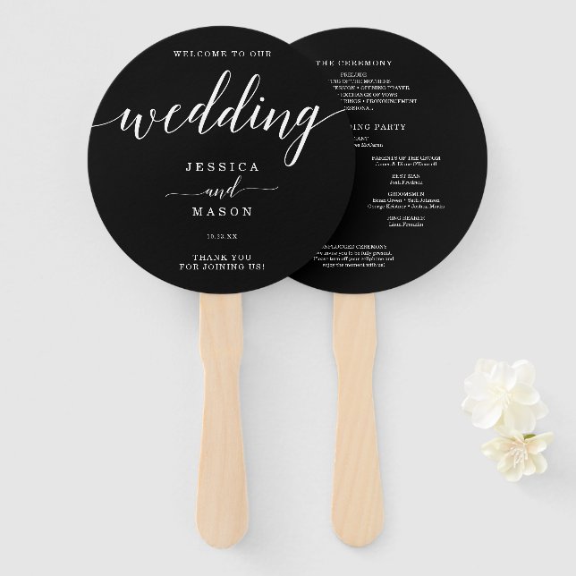 Abanico Elegancia mínima Boda simple negro y blanco Ha (Anverso y reverso)