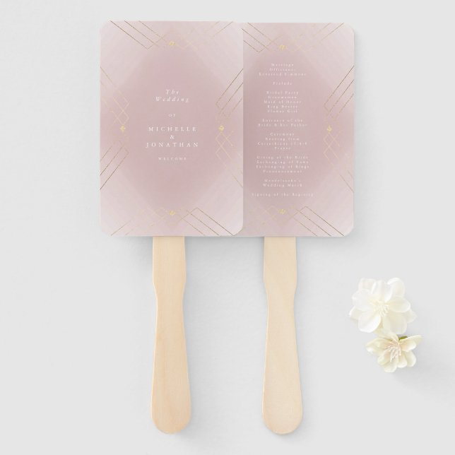 Abanico Elegancia rosa dorada Diamante Geo Deco Boda (Anverso y reverso)