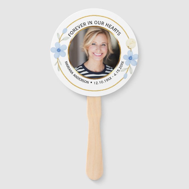 Abanico Elegant Blue & Gold Floral Memorial Photo (Anverso)