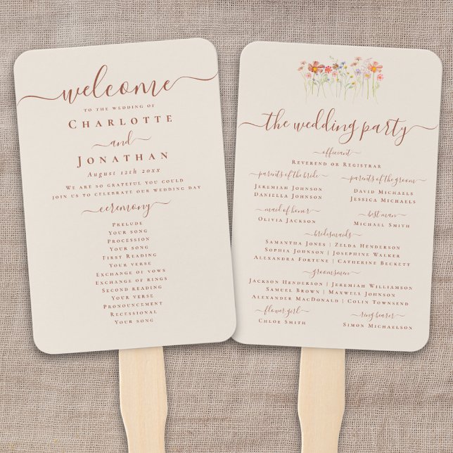 Abanico Elegant Boho Fall Wildflower Wedding Ceremony (Boho fall Wildflower meadow garden floral BEIGE TAN TERRACOTTA RUST SCRIPT Wedding ceremony program )