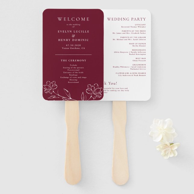 Abanico Elegant Floral Line Art Burgundy Wedding Program (Anverso y reverso)