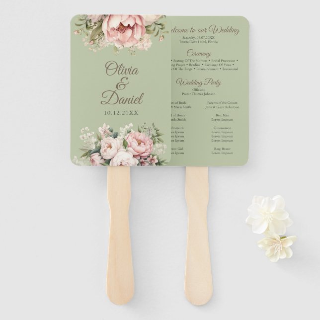 Abanico Elegant Sage Green Peony Floral Wedding Program (Anverso y reverso)