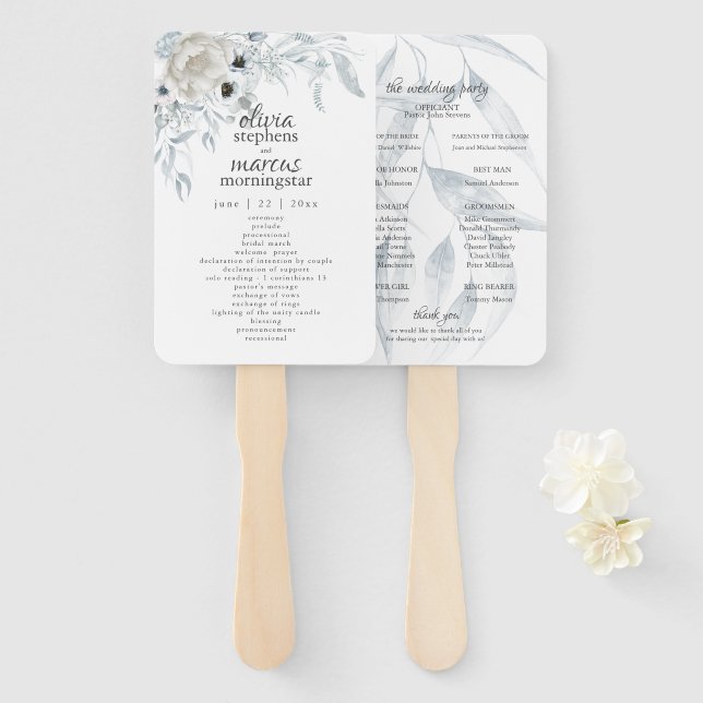 Abanico Elegante acuarela Dusty Blue Floral Program (Anverso y reverso)