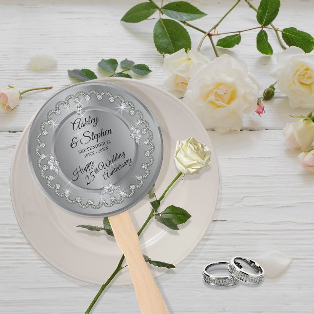 Abanico Elegante aniversario Boda de diamantes plateados 2 (Elegant Faux Silver Diamonds 25th Wedding Anniversary Hand Fan)