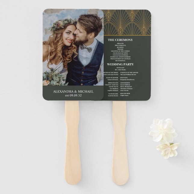 Abanico Elegante Boda Art Deco Gold Green (Anverso y reverso)