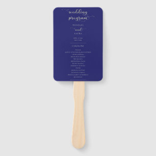 Abanico Elegante Boda de caligrafía dorada azul de la mar