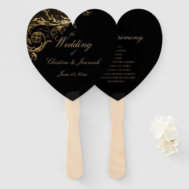 Abanico Elegante Boda de escritura Black Gold Floral Damas (Anverso y reverso)