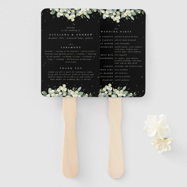 Abanico Elegante Boda de Invierno Black Snowberry+Eucalypt (Anverso y reverso)