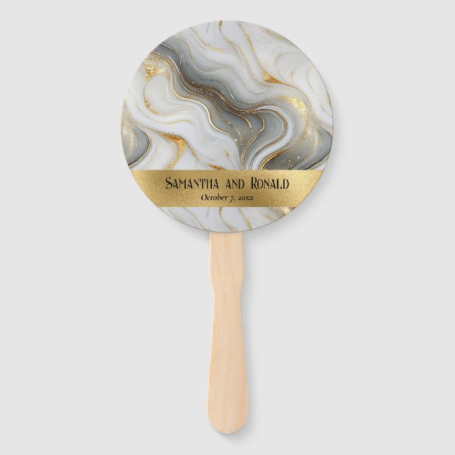 Abanico Elegante Boda Faux Gold Gray White Marled (Anverso)