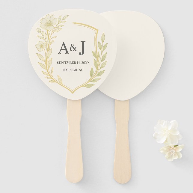 Abanico Elegante Boda floral Escudo Monograma marfil (Anverso y reverso)