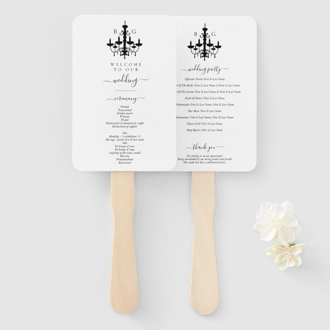 Abanico Elegante Boda Monograma de la lámpara de araña bla (Anverso y reverso)