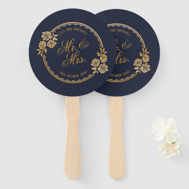 Abanico Elegante Boda personalizado de oro | Hinchas manua (Anverso y reverso)