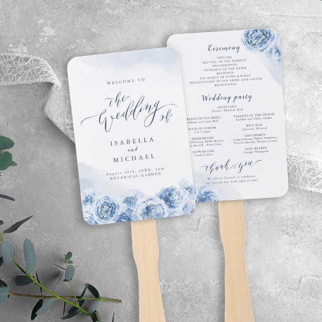 Abanico Elegante caligrafía azul acuarela boda floral (Elegant calligraphy blue watercolor floral wedding hand fan)