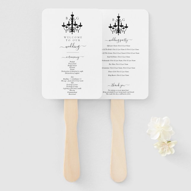 Abanico Elegante candelabro blanco negro Monograma Boda (Anverso y reverso)