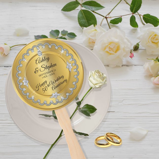 Abanico Elegante Diamantes de Oro 50 Aniversario Boda (Elegant Faux Gold Diamonds 50th Wedding Anniversary Hand Fan)