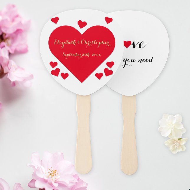Abanico Elegante Faux Gold Script Red Hearts Summer Boda (Elegant Faux Gold Script Red Hearts Summer Wedding Hand Fan)