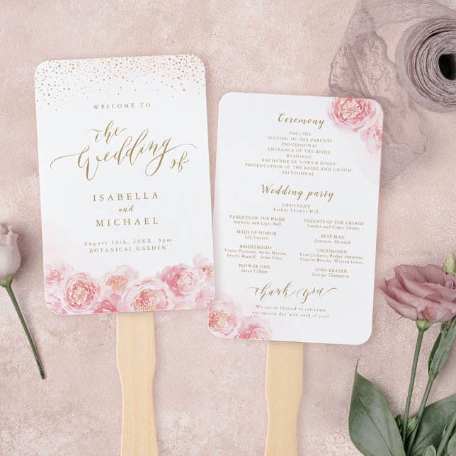 Abanico Elegante guión oro y programa de bodas floridas (Elegant script gold & blush floral wedding program hand fan)