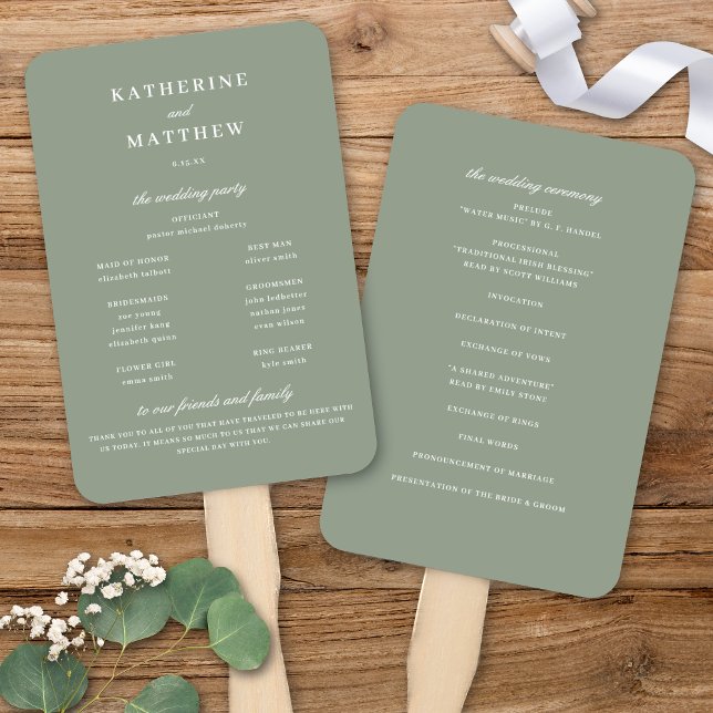 Abanico Elegante Moda Sage Green Boda Ceremony (Elegant Chic Sage Green Wedding Ceremony Program Hand Fan)