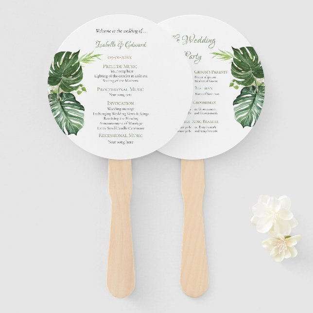 Abanico Elegante Monstera Verde Tropical deja Boda (Anverso y reverso)