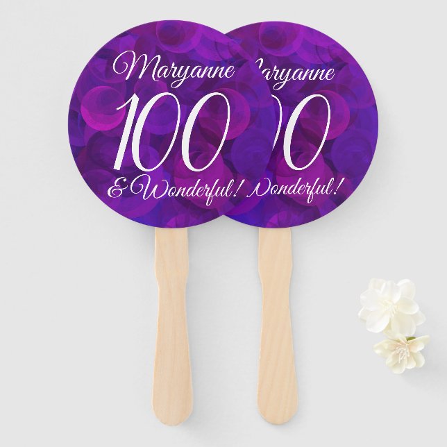 Abanico Elegante morado 100 y maravillosa fiesta de cumple (Anverso y reverso)