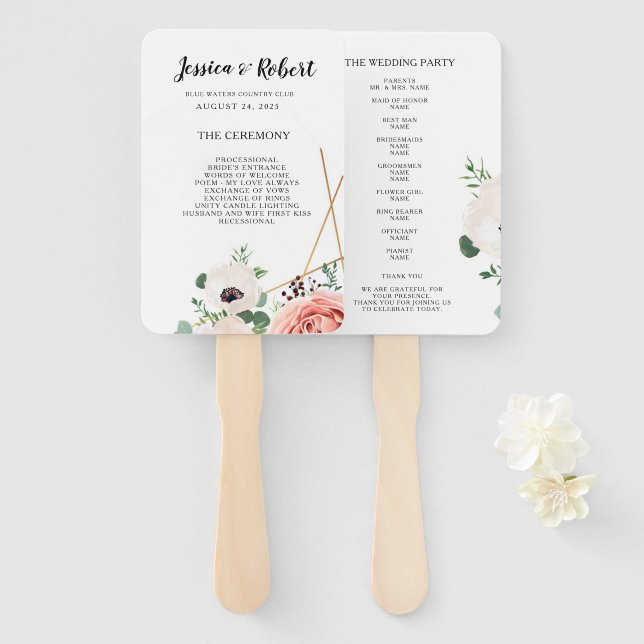 Abanico Elegante Personalizado del programa de bodas de fl (Anverso y reverso)