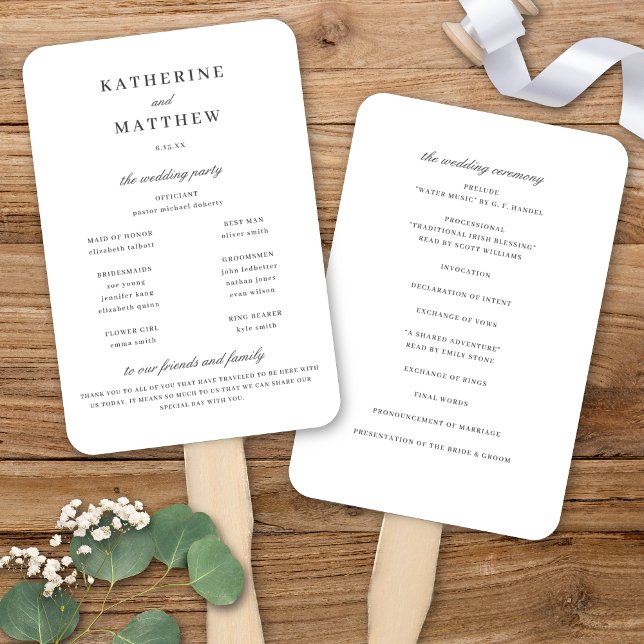 Abanico Elegante programa clásico de ceremonias de Boda bl (Elegant Classic White & Dark Gray Wedding Ceremony Program Hand Fan)