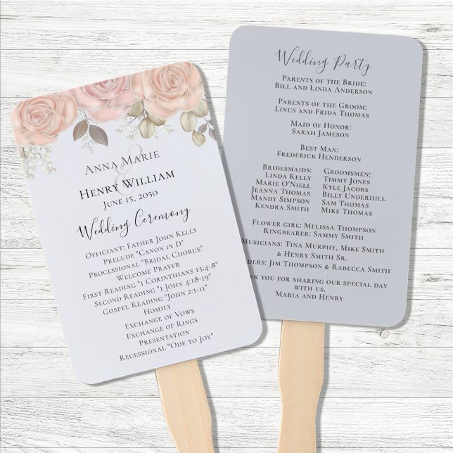Abanico Elegante programa de acuarela Rosa de Boda (Blush pink and blue ceremony fan program.)