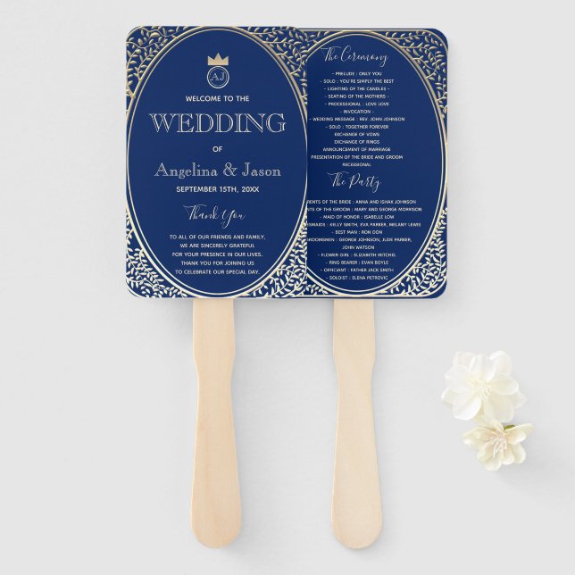 Abanico Elegante Programa de Boda Azul Marino (Anverso y reverso)