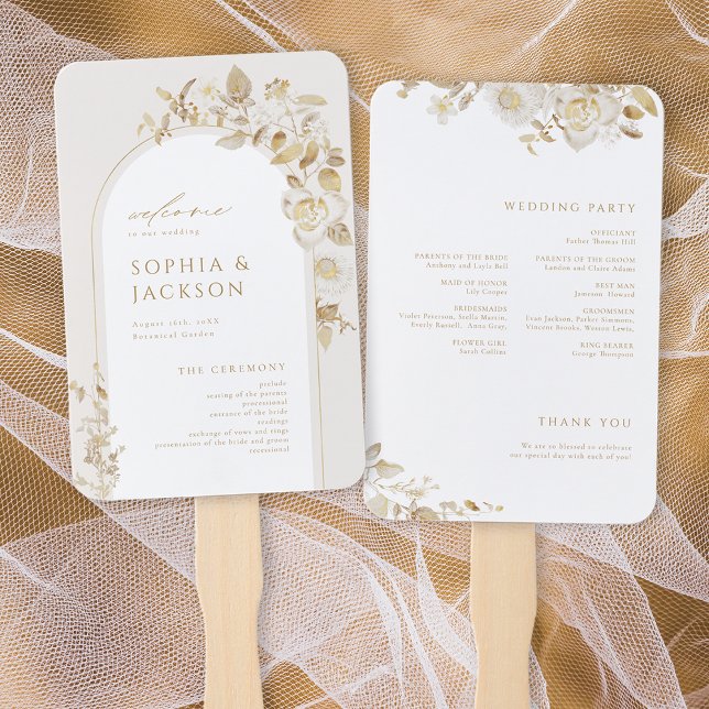 Abanico Elegante Programa de Boda Botánica de Arco Oral (Elegant Gold Botanical Floral Arch Wedding Program Hand Fan)