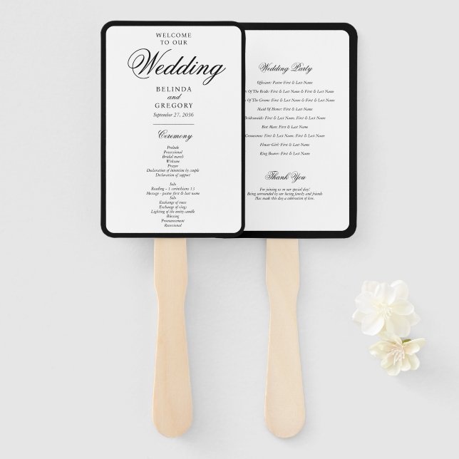Abanico Elegante Programa de Boda con Monograma en Blanco  (Anverso y reverso)