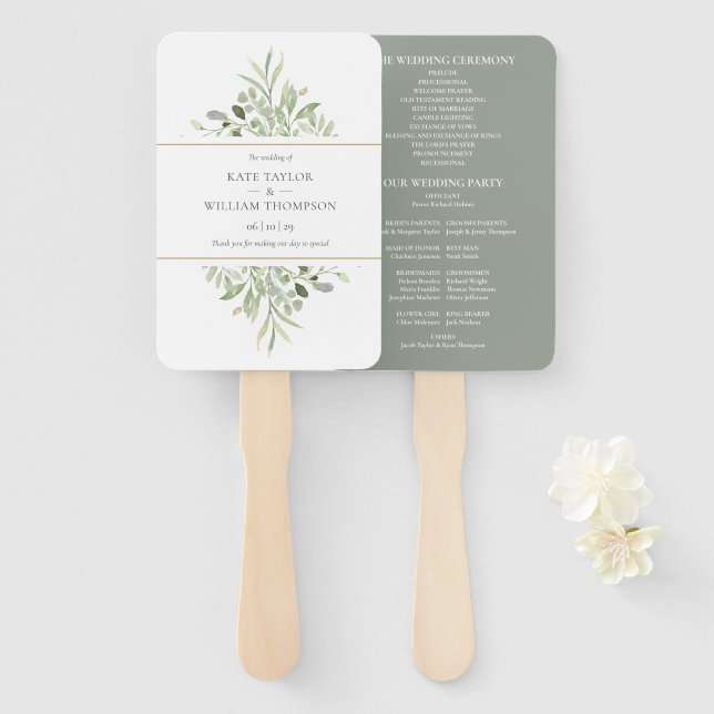 Abanico Elegante Programa de Boda con Vegetación en Acuare (Anverso y reverso)