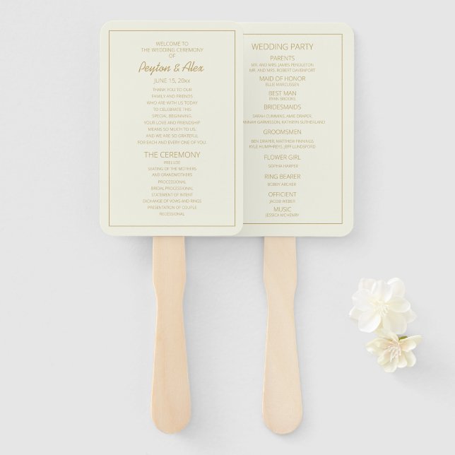 Abanico Elegante Programa de Boda de Crema y Oro (Anverso y reverso)