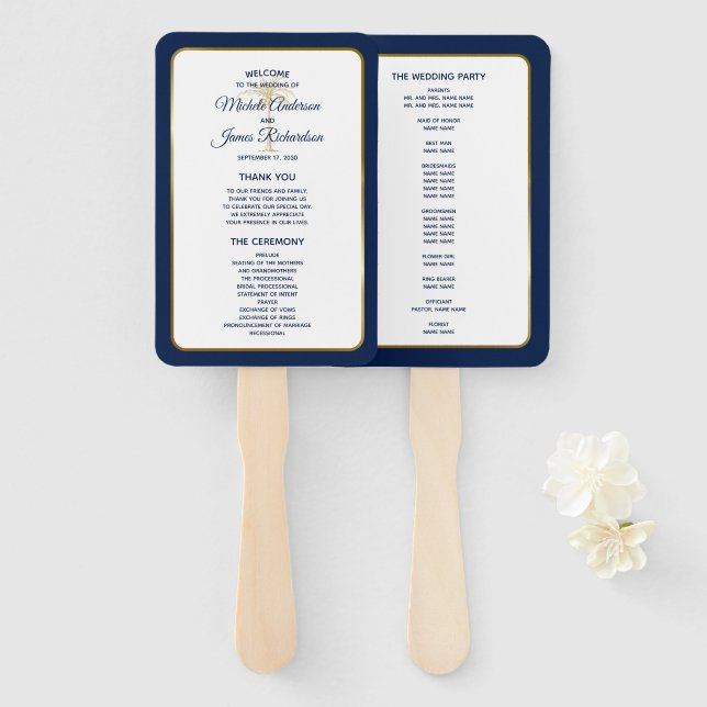 Abanico Elegante Programa de Boda de Palma con Azul Marino (Anverso y reverso)
