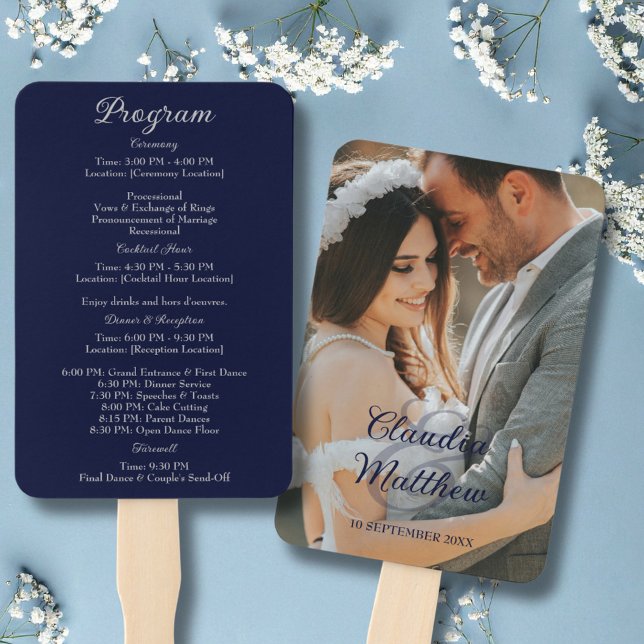 Abanico Elegante Programa de Boda en Azul Marino y Letra P (Elegant Navy Blue & Silver Script Wedding Program Hand Fan)