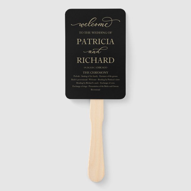 Abanico Elegante Programa de Boda en Guión Dorado Negro (Anverso)