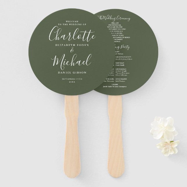 Abanico Elegante Programa de Boda en Verde Oliva con Letra (Anverso y reverso)