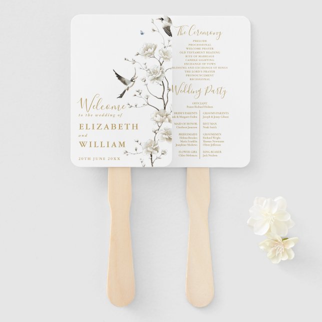 Abanico Elegante programa de Boda Floral Chinoiserie Gold (Anverso y reverso)