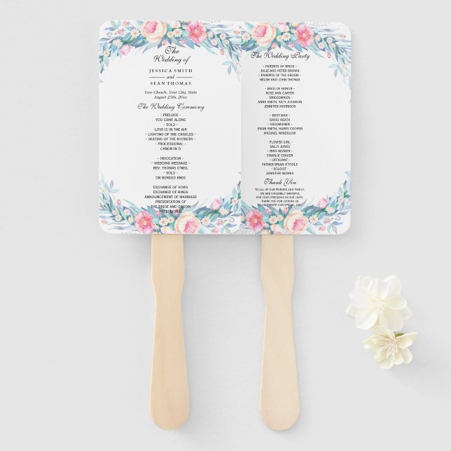 Abanico Elegante programa de boda floral con acuarela (Anverso y reverso)