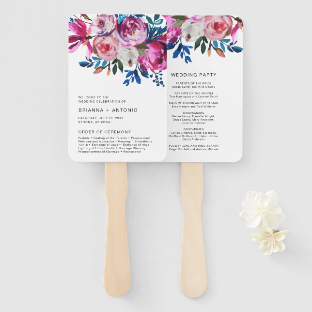 Abanico Elegante Programa de Boda Floral Rosa Moderno (Anverso y reverso)